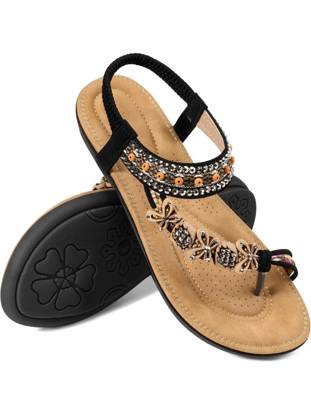 Women Black Comfortable Boho Beaded Toe Ring Walking Casual Flat Sandal Shoes